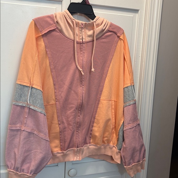 ✨ DOUBLE TAKE ✨ Baggy Fit Colorblock Zip Up Hoodie Peach Gray Pink Size Medium - Picture 2 of 14